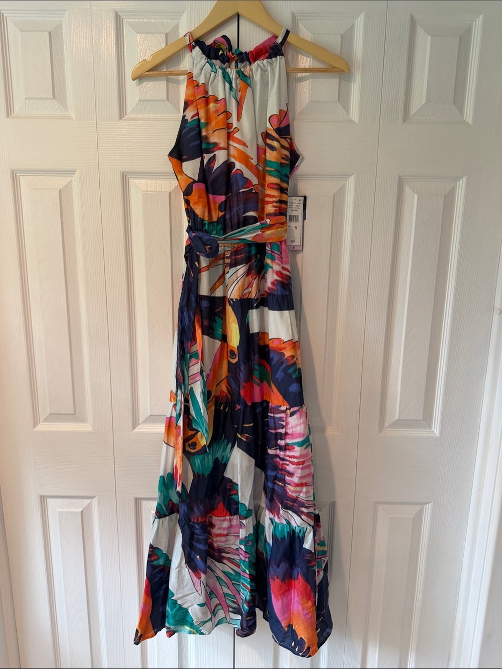 Sleeveless Multicolor Halter Maxi Dress with Belt